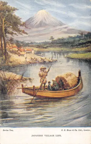 B079 Japan Japanese Village Life Boatmen Mount Fuji Vintage Postkarte
