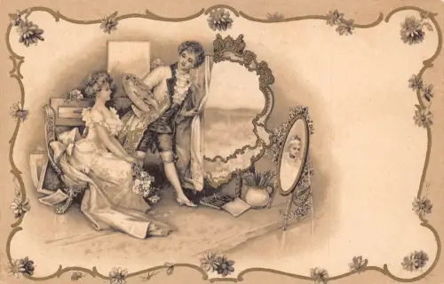 Liebesromantik Paar Liebhaber Gemälde Dame Portrait Blumen Postkarte B916