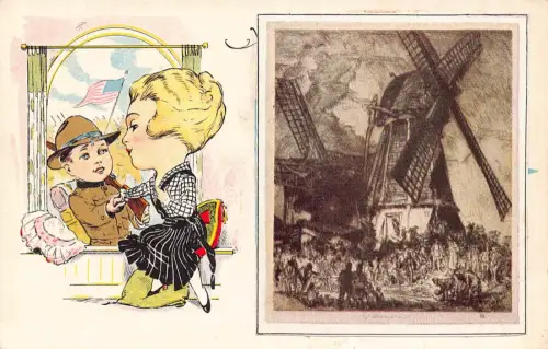 Militär Soldat Junge hält Frauenhände Karikatur Kunst Windmühle Postkarte B916