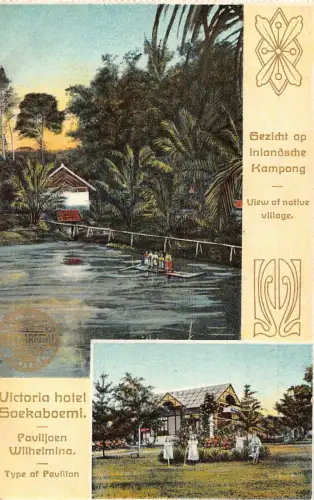 L281 Indonesien Niederländisch Ostindien Ureinwohnerdorf Victoria Hotel Pavillon Postkarte