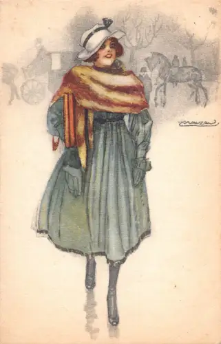 L532 Art Deco Glamour Lady Fashion Hut von A. Mauzan Vintage Postkarte