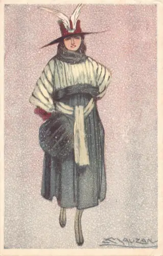 L532 Art Deco Glamour Lady Mode ausgefallener Hut von A. Mauzan Vintage Postkarte