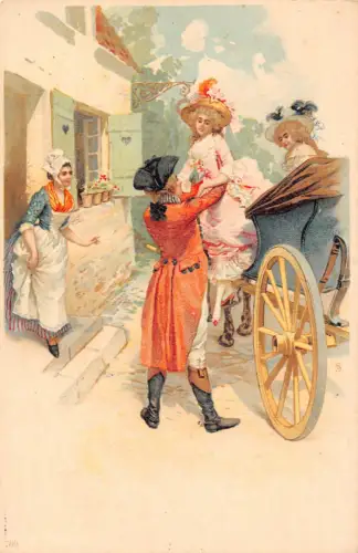 L532 Glamour Damenmode ausgefallene Hüte Kutsche Litho Vintage Postkarte