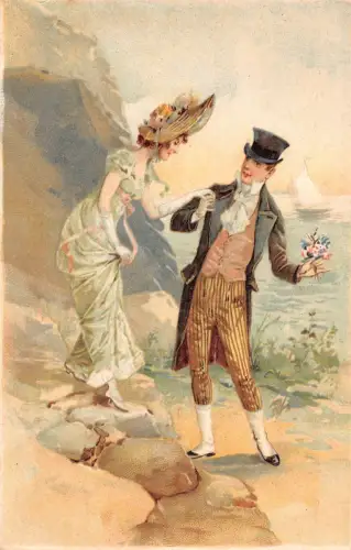 L532 Glamour Paar Mode ausgefallener Hut Litho Vintage Postkarte