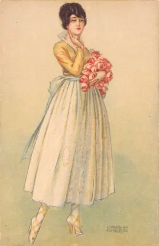 L532 Art Deco Glamour Lady mit Rosen von Carlo Nicco Vintage Postkarte