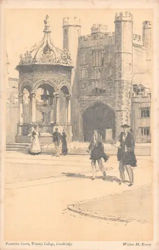 A022 England Fountain Court Trinty College Skizze signiert Walter Keesey Postkarte