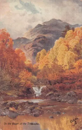 A022 Schottland Herbst am Trossachs Wasserfall Landschaftsgemälde signiert AK