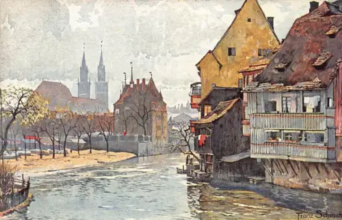 A020 Deutschland Nürnberg Partie an der Insel Schuett Gemälde signiert AK