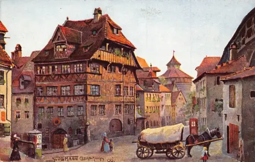 A021 Deutschland Nürnberg Dürerhaus Pferdewagen Gemälde signiert Sullmann AK
