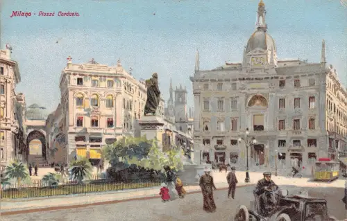 A017 Italien Milano Mailand Piazza Cordusio Autolemalung Oldtimer Postkarte