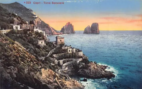 A018 Italien Capri Torre Saracena Sonnenuntergang Vintage Postkarte