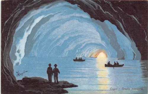 A016 Italien Capri Grotta Azzurra Boote Gemälde signiert Vintage Postkarte