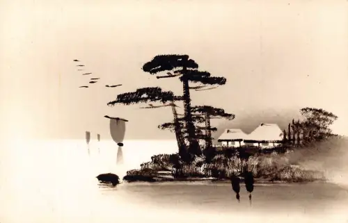 L273 Japan Kunst Hütte Segelboot Bäume Vögel Küste Silhouette Postkarte