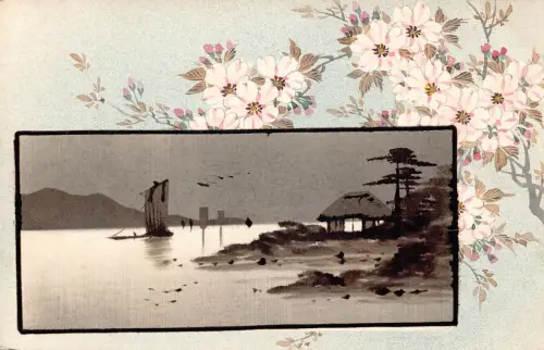 L273 Japan Kunsthütte Segelboot blühender Baumzweig weiße Blumen Postkarte