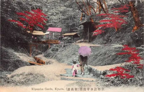 L273 Japan Kiyomizu Garten Kyoto Mutter und Tochter im Kimono Regenschirm Postkarte