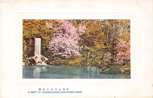 L273 Japan Ein Teil des Kenrokuparks Kanasawa Kaga Wasserfall blühender Baum Postkarte