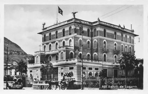 L099 Schweiz Gruß aus Lugano Kutschenhotel Vintage Postkarte