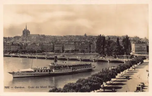 L100 Schweiz Genfer Kai Mont-Blanc Brücke Dampfschiff Vintage Postkarte