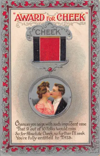 Liebesromane Auszeichnung für Wangenmedaille Paar Kuss Vintage Postkarte B918