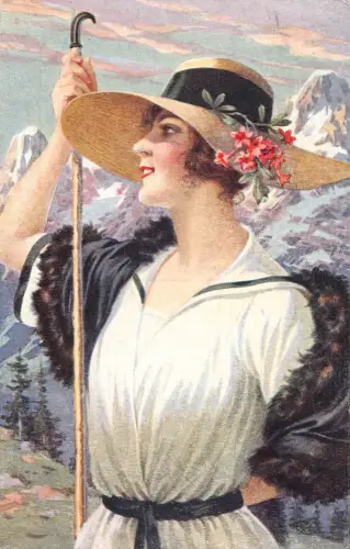 L532 Kunstportrait einer Dame mit ausgefallenem Hut Au Grand Air Bergsteigen Postkarte
