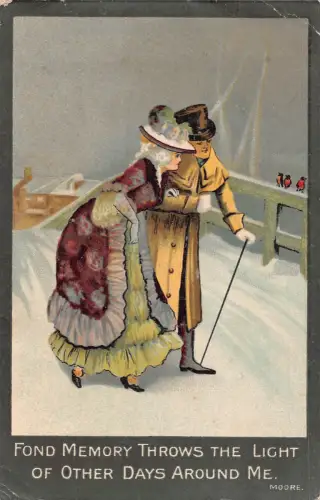 Liebesroman 1905 Paar Spaziergang Schnee Fond Erinnerung wirft Licht Postkarte B919