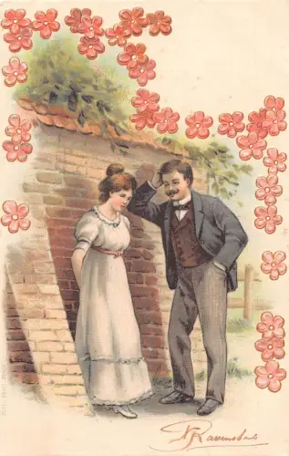 Liebesroman 1903 Paar flirtet nahe Wand Blumen geprägte Postkarte B918