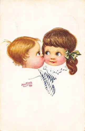 Kinder Liebe 1923 Junge Mädchen Wange Kuss Kunst signiert A Bertiglia Postkarte B918