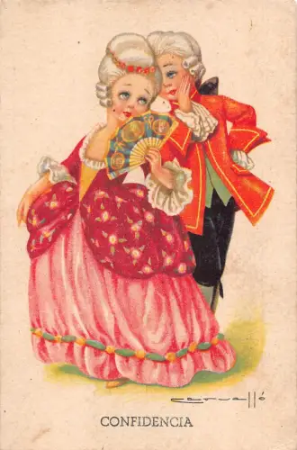 Liebesroman Paar flüsternd Confidencia Ball Kostüme Kunst Postkarte B918