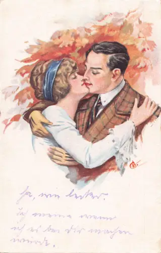 Liebesroman Paar küsst umarmt Herbstblätter Kunst Postkarte B918
