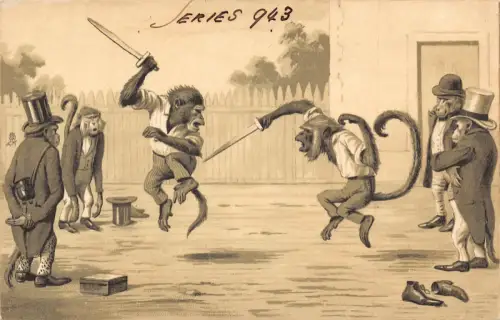 Tiere anthropomorphe Affen kämpfen mit Schwertern in der Öffentlichkeit Postkarte B920