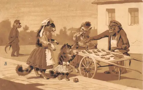 Tiere anthropomorpher Affe Verkäufer von Maus Katzen vermenschlicht Postkarte B920