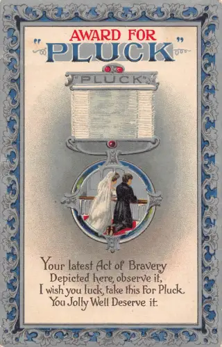 Comic Humor Romantik Preis für Zupfglück Hochzeit Medaille Postkarte B919