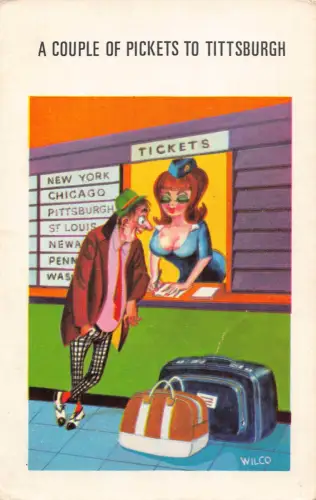 Comic Humor 1971 Paar Tickets für Tittsburgh Art signiert Wilco Postkarte B919