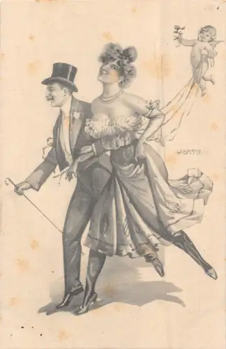 Liebe Romantik Kunst signiert W Brayn elegantes Paar Amor Cherub Postkarte B919