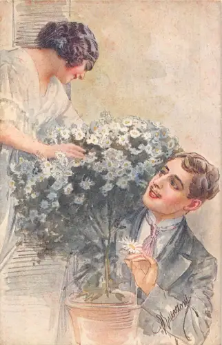 Liebesromantik Paar flirtet Gänseblümchen Blumentopf Kunst signiert Guerzoni Postkarte B919