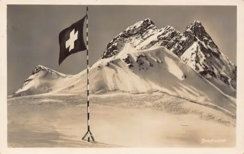 L045 Schweiz 1930 Jungfraujoch Gipfel Berg Flagge Vintage Postkarte