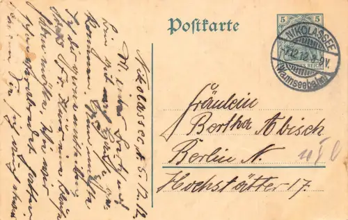 L120 Deutschland 1912 Nikolasee nach Berlin Ganzsache