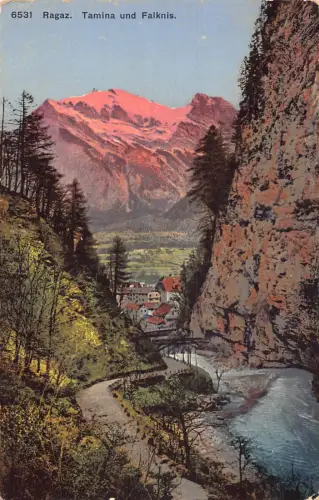 A197 Schweiz Ragaz Tamina und Falknis Fluss Berge Vintage Postkarte