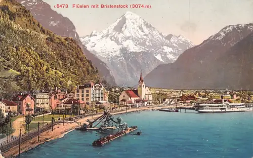 A202 Schweiz Flueelen mit Bristenstock Dampfschiff Vintage Postkarte