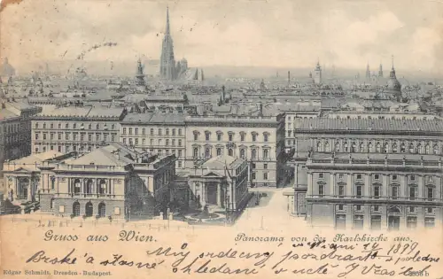 A201 Österreich 1899 Gruss aus Wien Panorama aus Karlskirche Kirche Postkarte