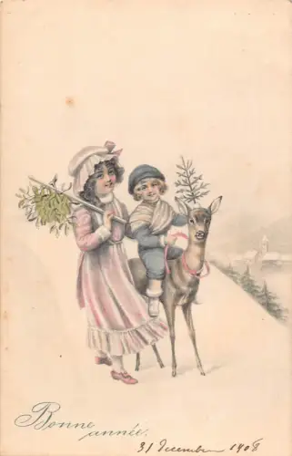 L126 Neujahrsgrüße 1908 Kinder reiten Hirsch Mistel Postkarte