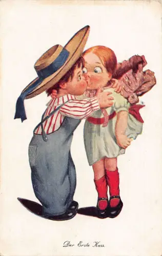 L126 Grüße Kinder Erster Kuss Künstler Vintage Postkarte