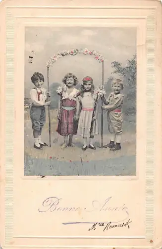 L126 Neujahrsgrüße Kinder Blumentor Postkarte