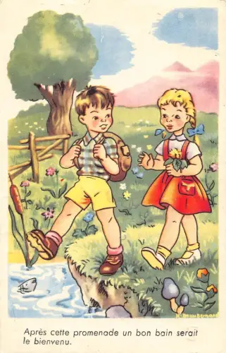 L126 Grüße Kinder Comic Humor Künstler signierte Postkarte