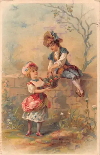 L126 Frankreich 1908 Mädchen Kinder Blumen Korb Fantasy Vintage Postkarte