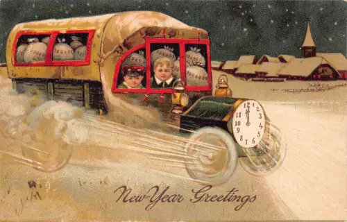 L292 Neujahrsgrüße Kinder LKW KFZ Geldsäcke Uhr Glück Postkarte