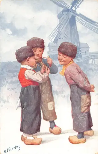 L126 Gruß 1913 Jungen rauchen Pfeifen Windmühle signiert Feiertag Vintage Postkarte