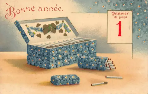 L292 Neujahrsgrüße Zigarettenkiste Vergissmeinnicht Blumen Glück Postkarte