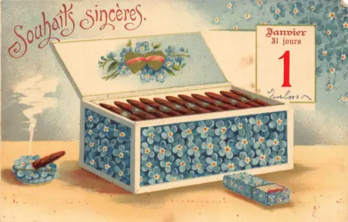 L292 Neujahrsgrüße Zigarrenkiste Streichhölzer Vergissmeinnicht Blumen Glück Postkarte