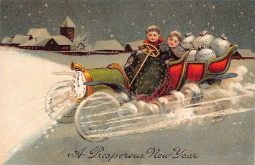 L292 Neujahrsgrüße Kinder Auto Geldsäcke Uhr Glück Postkarte